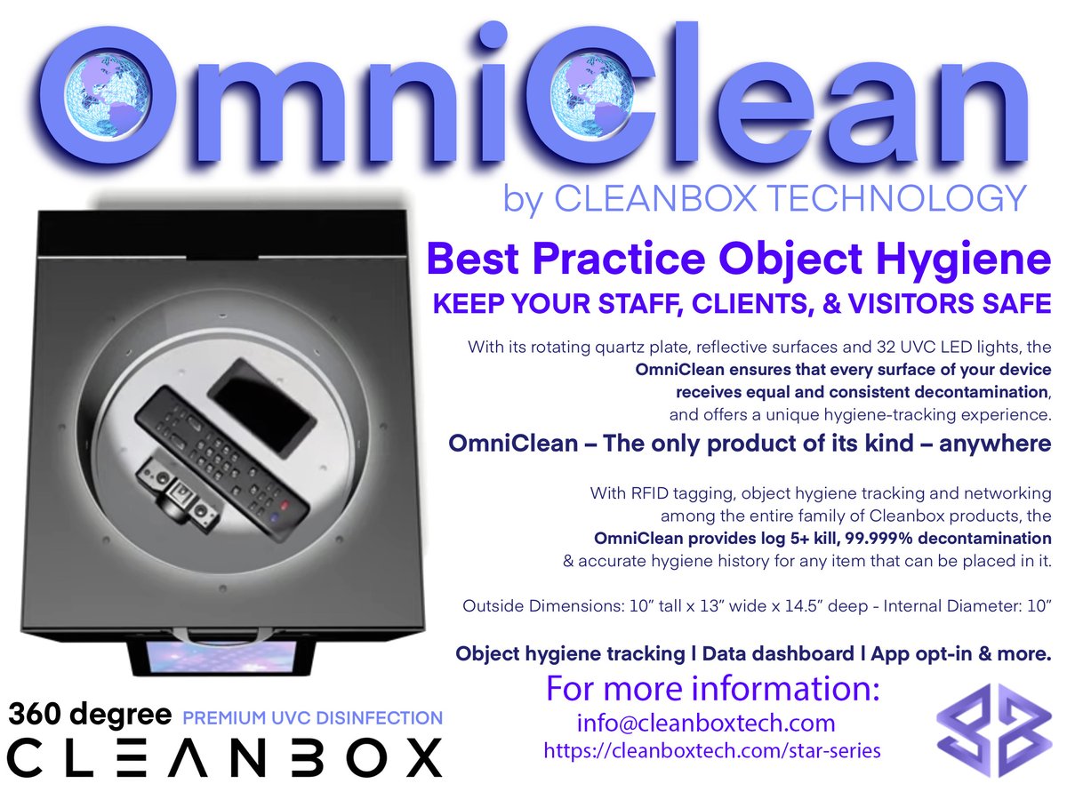 cleanboxtech's tweet photo. Keep your staff, clients, and visitors safe with the OmniClean. Every surface of your devices receives equal and consistent decontamination. The OmniClean is the only product of its kind β anywhere. https://t.co/UhkcN7fuvX #CleanboxClean #TheScienceOfClean #SmartTechHygiene #UVC https://t.co/nCyi8cXfc8