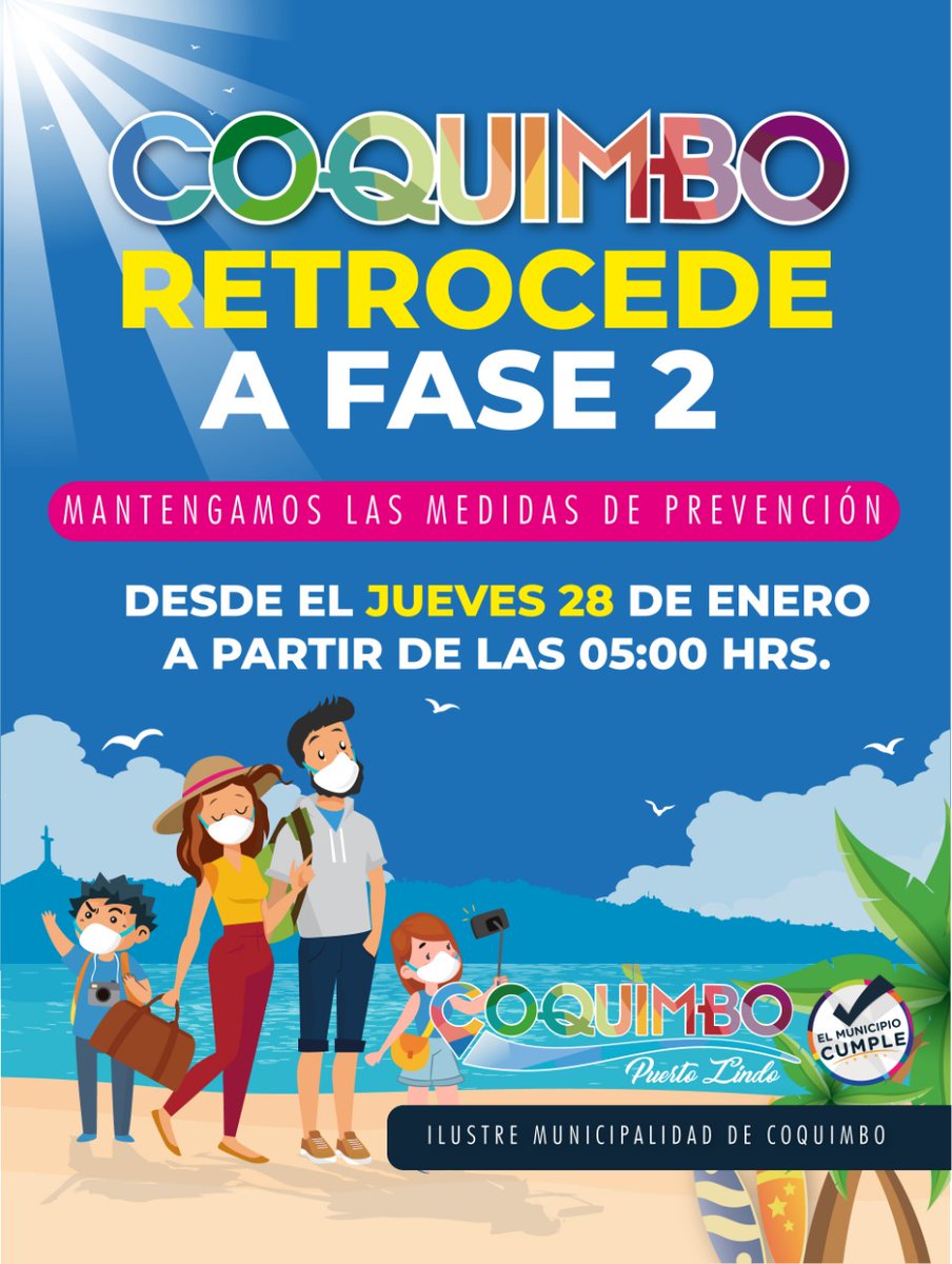 Atención vecin@s! a partir de este Jueves 28 de Enero desde las 05:00 hrs., la comuna de Coquimbo retrocede a la Fase 2 del plan "Paso a Paso".  Infórmese sobre los cambios en las medidas que esta nueva etapa implica y continúe protegiéndose contra el Covid-19! #Coquimbo #Fase2