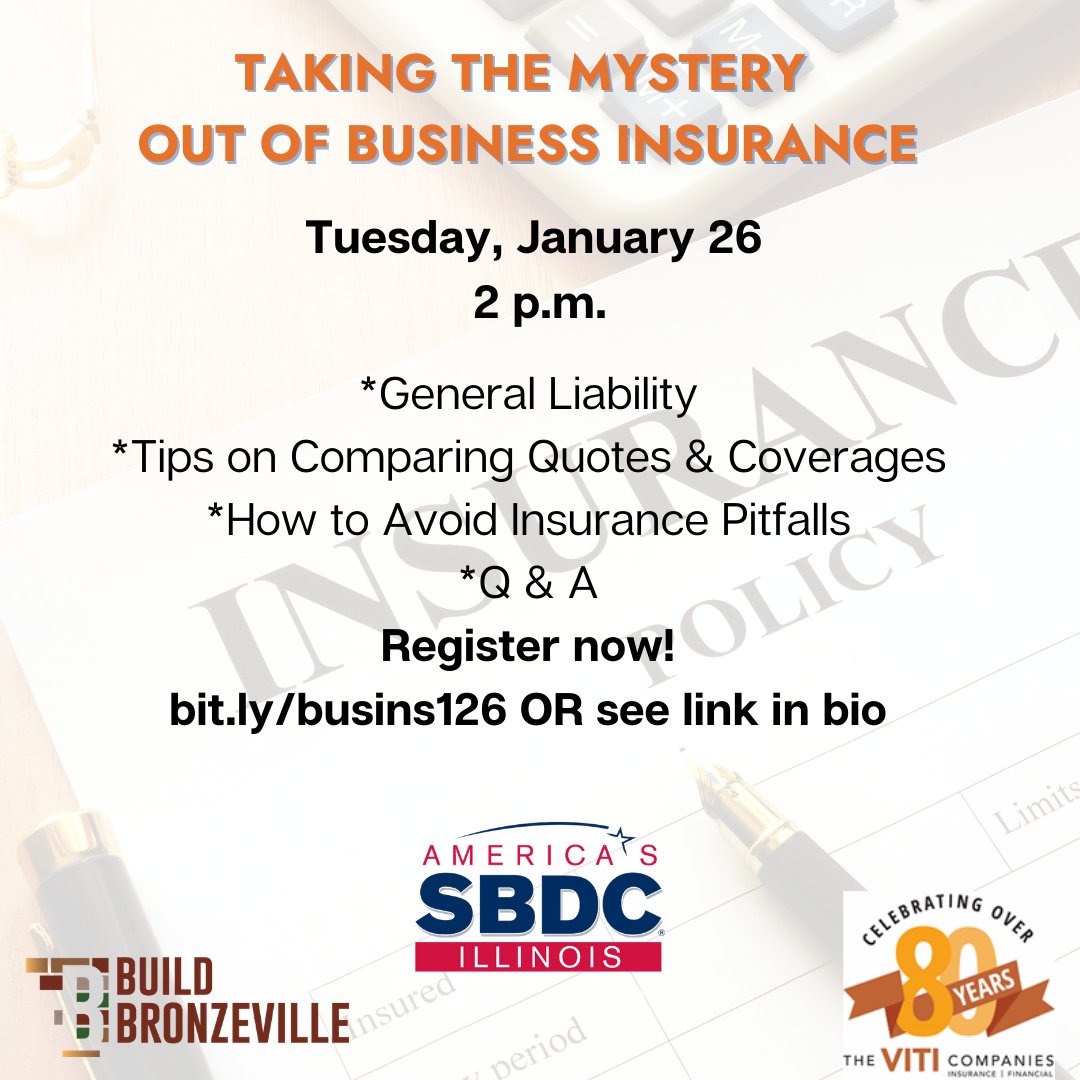 Are you ready to get the facts on business insurance? There's still time to register for tomorrow's training, but hurry as space is limited! Registration link in bio.  #businessinsurance #sbdcbuildbronzeville #chicagosmallbusiness #chicagostartups #bronzeville