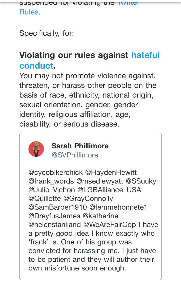 237. Twitter banned the woman who was the subject of the targeted harassment campaign in Tweet #235 for observing that she was the subject of a targeted harassment campaign. #TwitterHatesWomen