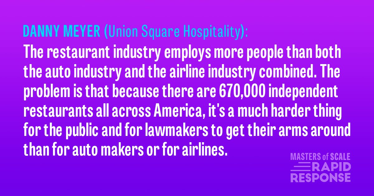 "If you look at the US economy, the only sector that has completely lagged is restaurants. If we want to see our economy back, restaurants have to be a leading edge." --  @dhmeyer of  @USHGNYC via  @mastersofscale  #RapidResponse