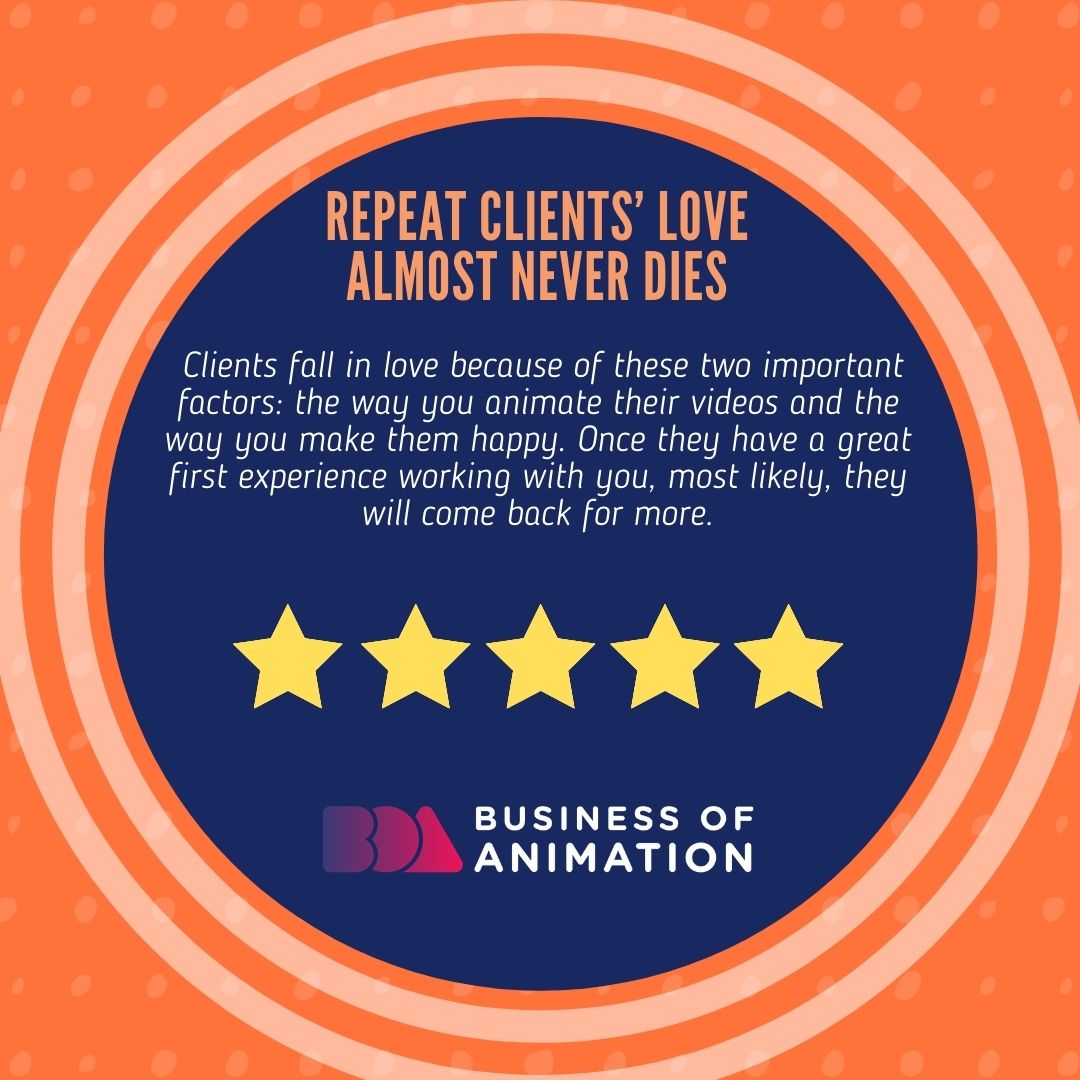 animationbiz's tweet image. Here are 4 reasons why animators should focus their efforts on repeat sales:

1. Repeat Clients’ Love Almost Never Dies
2. Repeat Clients Have Higher Chance of Conversion
3. Repeat Clients Spend More Money

#AnimationLoyalClients #AnimatorClients #MotionGraphicArtistClients

1/2