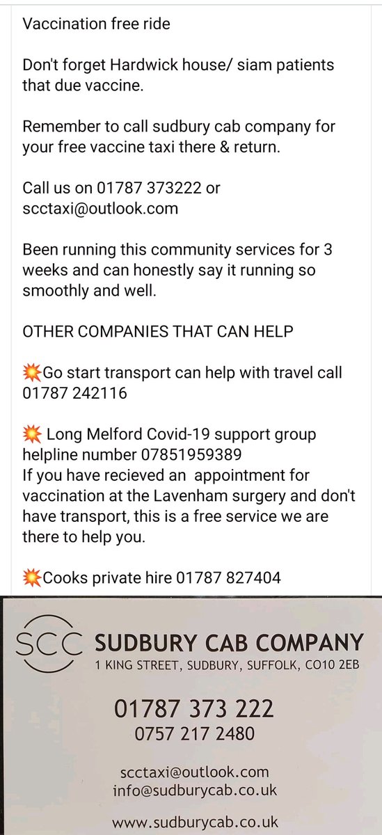 Massive shout out to scc drivers and smith's private hire. 

3rd week running vaccination free ride and it been going very well.

Well done to cornard surgery and all staff, what great system you got in place.