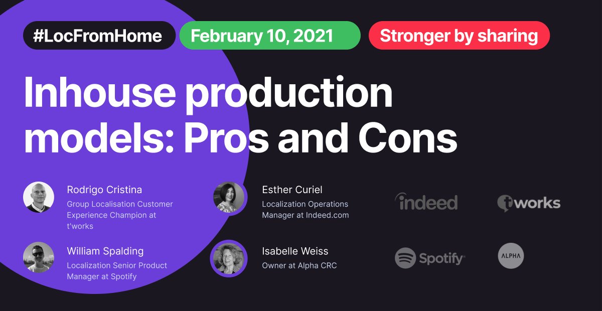 Your business needs #localization 🤔 Hire in-house or work with external vendors?

Join Rodrigo, William, and Esther — from <a href="/tworks_transl/">t'works group - end-to-end language solutions</a>, <a href="/Spotify/">Spotify</a>, and <a href="/indeed/">Indeed</a> — to find out the 👍 and 👎.

#LocFromHome — Feb 10 ✍️hubs.ly/H0FnS320