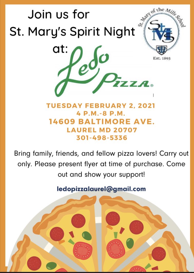 StMaryOTMS's tweet photo. Join us next Tuesday, 4:00 pm-8:00 pm for Ledo Pizza Spirit Night 🍕Show this flyer at the counter to let them know you are a part of the SMS family. Hope to see you there! #CatholicSchoolsWeek #SMSAlwaysReadyAlwaysLearning #DistanceLearningIsDifferentAtSMS #ADWCommUnity https://t.co/n2YqjP4YbF