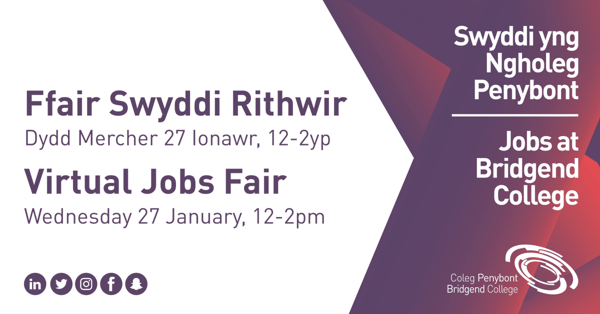 BridgendCollege's tweet photo. ⏳ There's still time to sign up for our #VirtualJobsFair this Wednesday at 12pm: https://t.co/tHlc3uFJXv

#JobsWales #EducationJobs #FEjobs https://t.co/pjwttw9PkP