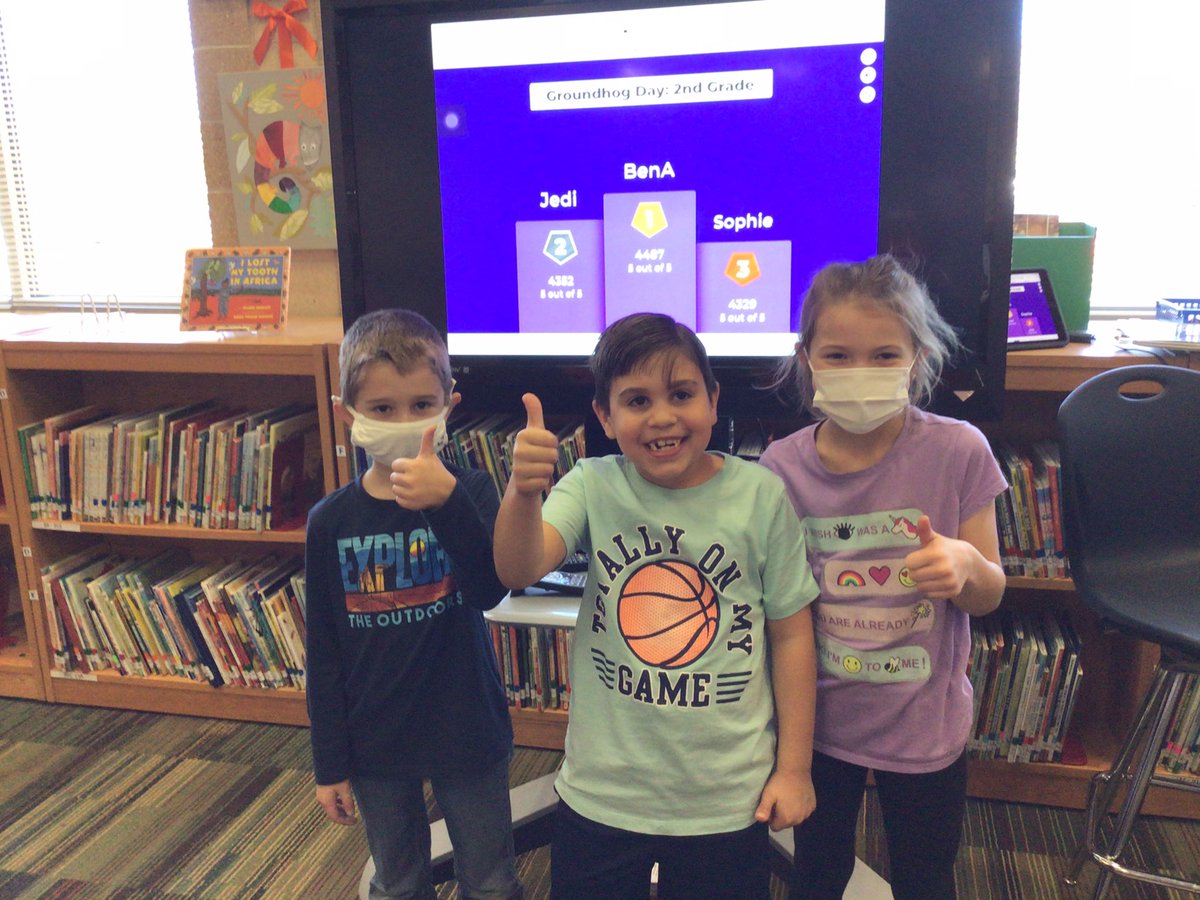 LibraryCCE's tweet image. We are learning about Groundhog Day this week in library. These students finished 1st, 2nd, and 3rd on our Kahoot trivia game! @texasteach2002 @CastlemanCreek #ccestrong