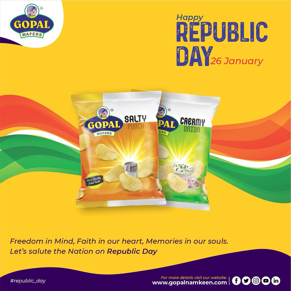 GopalSnacks's tweet photo. Freedom in Mind, Faith in our heart, Memories in our souls.
Let's salute the Nation on Republic day

 #gopalnamkeen #republicday #snacks #jayhind #constituation #bharatkanamkeen  #travelpartner #amazing #gujarati #food #instafood #foodies #foodlover #Rs5foodpacket #tasty #rajkot https://t.co/q9aPyXy4P4