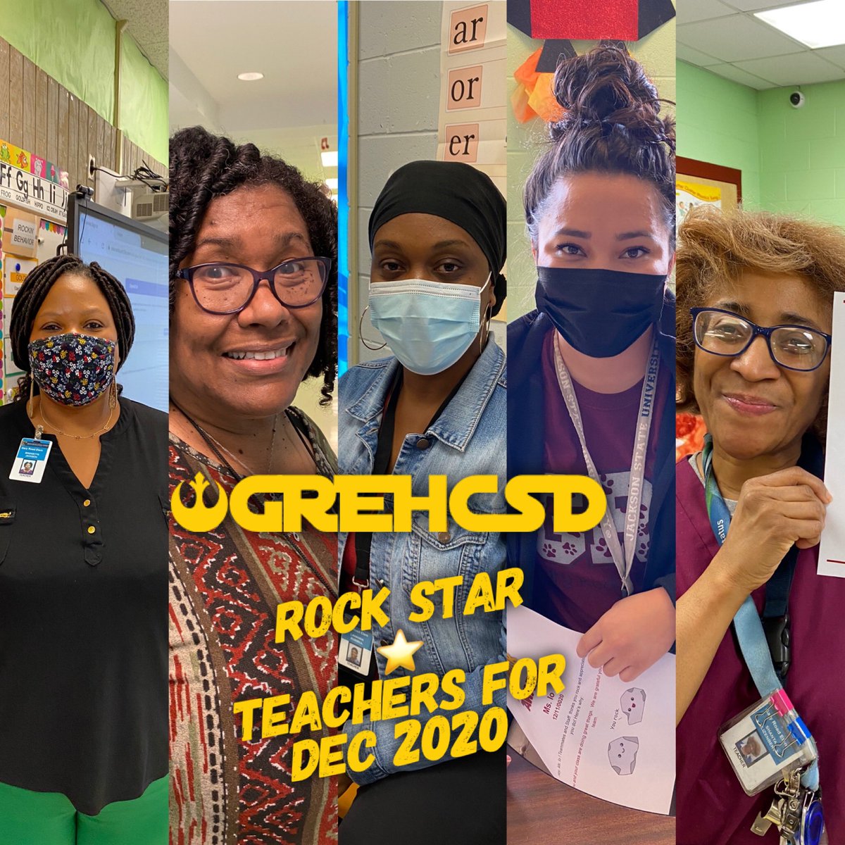 GREHCSD's tweet photo. Say hello to our 
ROCK STAR ⭐️ Teachers for the month of December! #GreatStartsWithGRE https://t.co/26yrDqAsSu