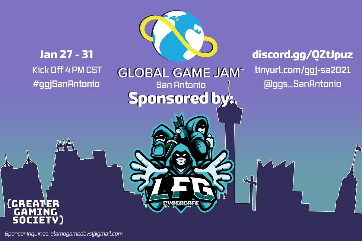 Big thank you to our sponsor <a href="/LFGcybercafe/">LFG Cybercafe</a> for helping support this Global Game Jam! 👾 With their help we are able to provide some amazing prizes to the participants who work so hard on their games! 🏆🎁 Show LFG some love and be sure to check them out!