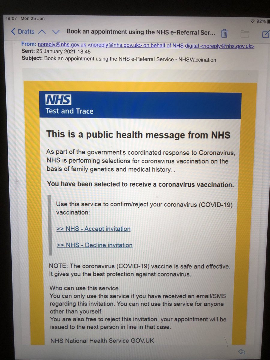 Please make all our non medical/nursing friends/colleagues aware of this irresponsible scam. To the unwary it could easily appear genuine. The originating email domain was horinakaclinic.jp.  The vaccination programme is so important ⁦<a href="/jasonleitch/">Jason Leitch</a>⁩ ⁦<a href="/JohnHardenED/">John Harden</a>