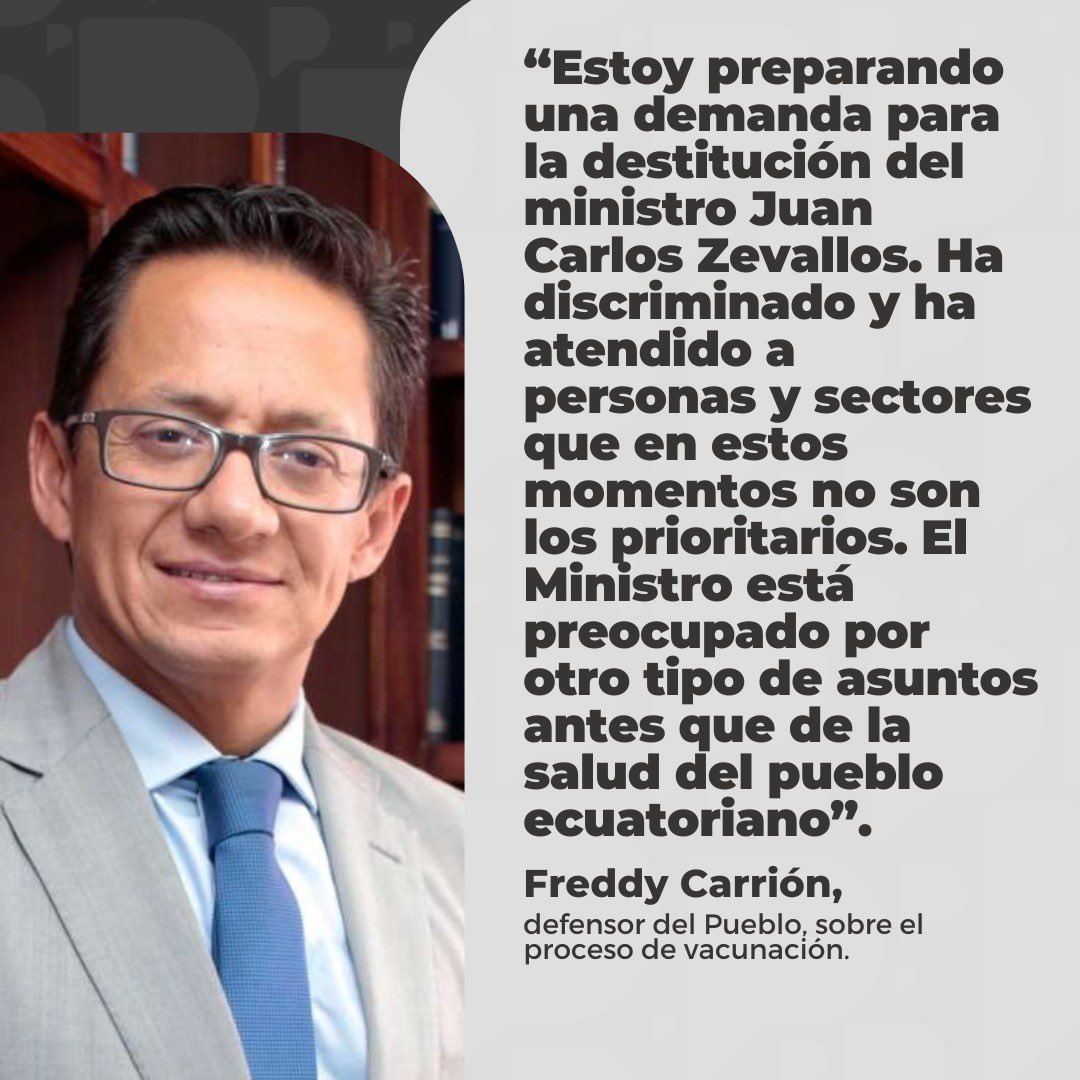 LaPosta_Ecu's tweet photo. El Defensor del Pueblo, Freddy Carrión, aseguró que solicitará al presidente Lenín Moreno que destituya al ministro de Salud, #JuanCarlosZevallos, por un supuesto mal manejo del proceso de #vacunación. https://t.co/TJXhDiNC8n