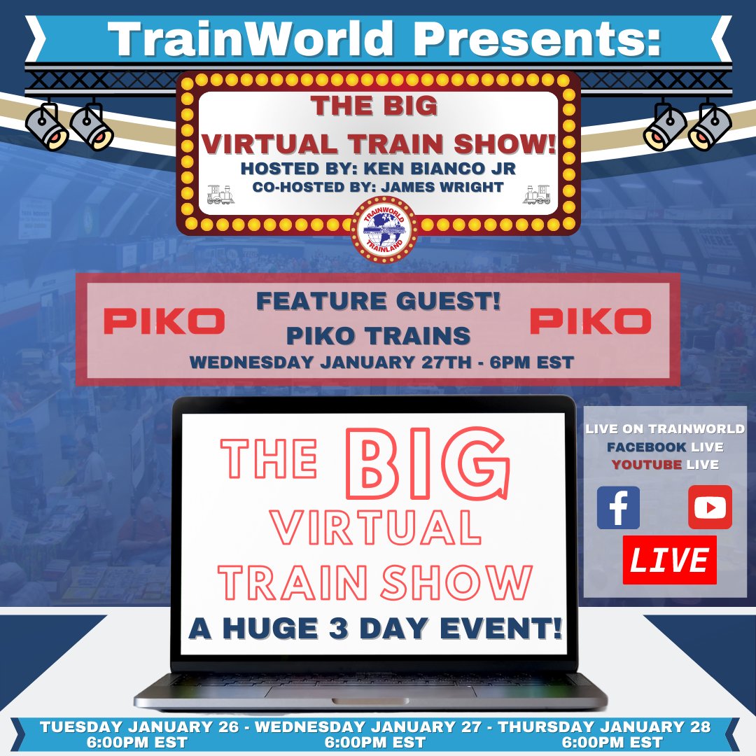 Just a few days now...#PIKOAmerica w/ Ken Bianco Jr and James Wright on the Big Virtual Train Show. Plenty of new items to talk about!
#PIKO #pikotrains #hoscale #gscale #familyhobby #trains #modelrailroad  #modelrailway #railroad #train  #gardentrains #outdoortrains