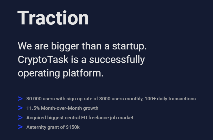  $CTASK - CryptoTask -  http://about.cryptotask.org&nbsp;Here's a link to their established platform: https://app.cryptotask.org/&nbsp;See the infographics attached outlining the solutions CryptoTask achieves. They have impressive media features already, links are in the whitepaper.(2 / 5) 