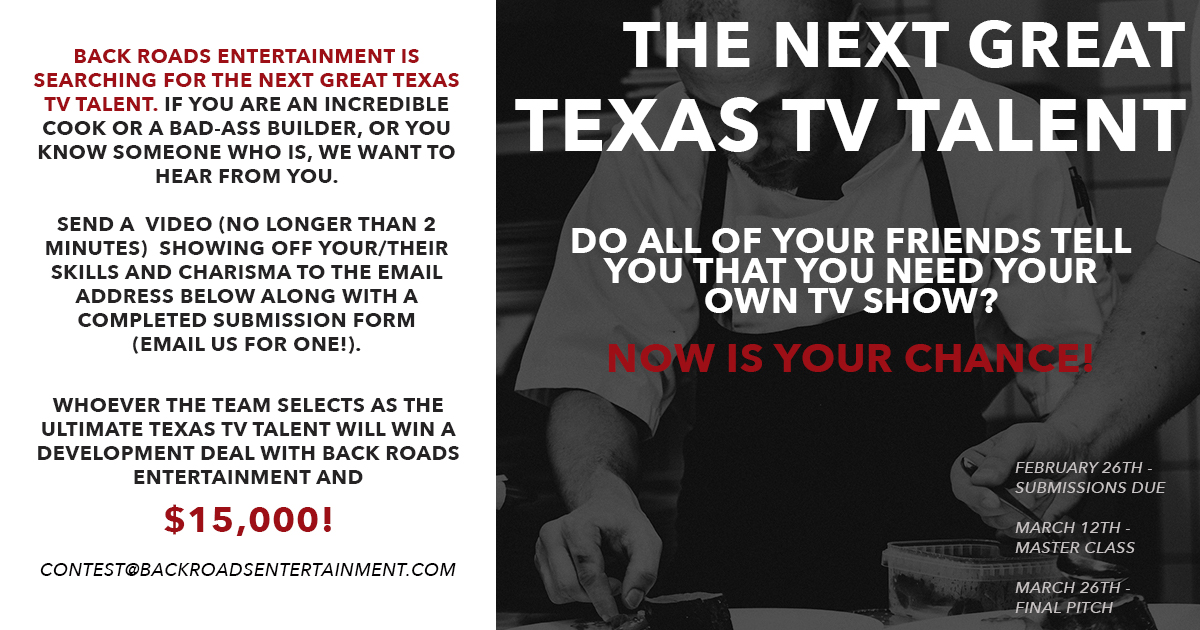 Do all of your friends tell you that you need your own TV show? Do you know someone who's an incredible cook or a bad-ass builder? We want to hear from YOU! Apply now at backroadsentertainment.com/the-next-great… for the chance to win $15,000 and a development deal with us!