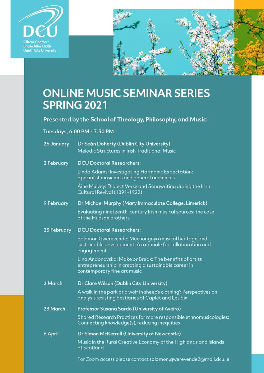 Seán Doherty presents 'Melodic Structures in Irish Traditional Music' as part of the Music Research Seminar Series, Tuesday 26th Jan at 6pm, online. For access details, email solomon.gwerevende2@mail.dcu.ie. All welcome.
