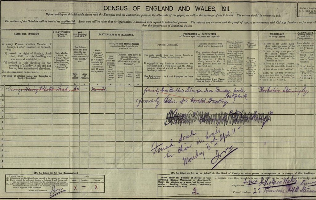 A sad tale revealed in the 1911 UK Census, this man died just before filling in his return. He was found in his chair the next morning.