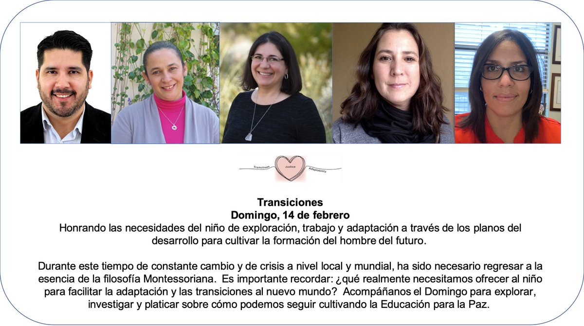 AMIUSA's tweet image. #FelizLunes Thrilled to present the speakers on the #Spanish-language panel "Transiciones" on Sunday, Feb 14. Leer más e inscribirse aquí: whova.com/web/virtu16_20… . #Montessori #VirtualEvent #VirtualLearning #Aprendizaje #Talleres