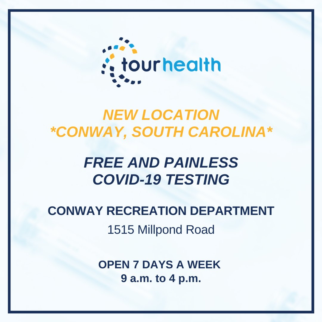 GoTourHealth's tweet photo. ❗ NEW FREE AND PAINLESS TESTING LOCATION 
📍 Conway, South Carolina (Conway Parks &amp; Recreation)
🗓 7 days a week
🕑 9 a.m. to 4 p.m.

Go to https://t.co/vudX4hPeGq to schedule an appointment.

@scdhec https://t.co/jVJ86ifKuF