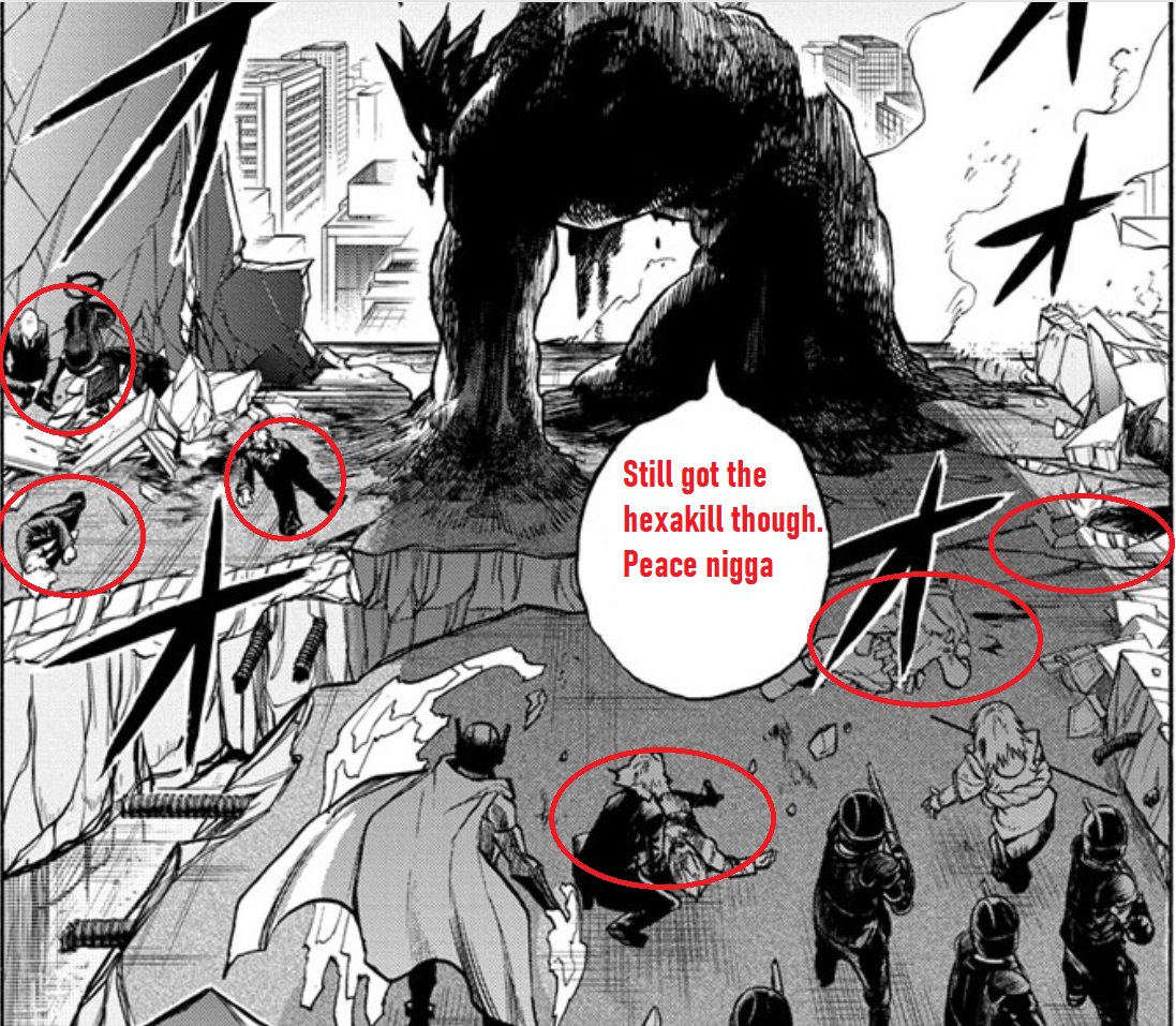 This is something I highlighted in my chapter review but I also want to point out here is that with it looking like 6 members have been gravely injured/killed the hero commission members that sent Hawks may all be dead. Mera doesn't seem to be that deep but will likely run it.