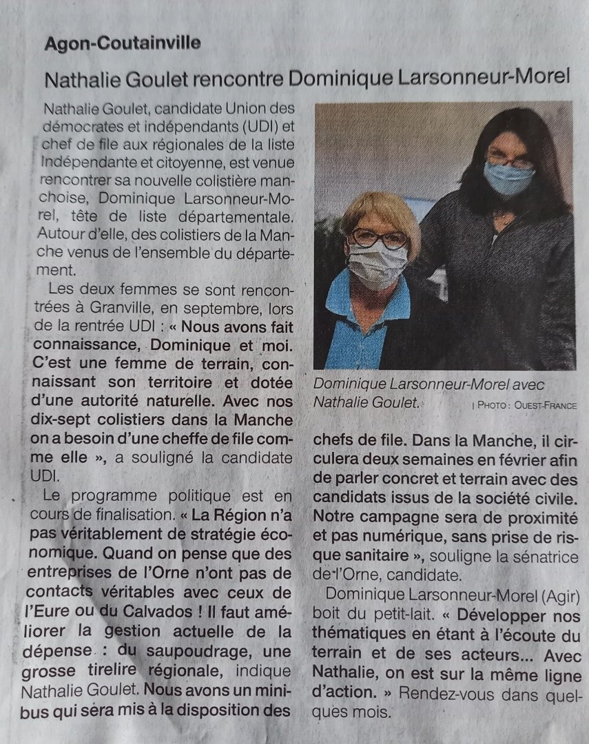 Ouest-france du 25 janvier 2021
La normandie avec nathalie GOULET 
La normandie qui vous protège 
<a href="/senateur61/">Nathalie Goulet</a> <a href="/larsonneurmorel/">D. Larsonneur-Morel</a> <a href="/OuestFrance/">Ouest-France</a>
#ouestfrance