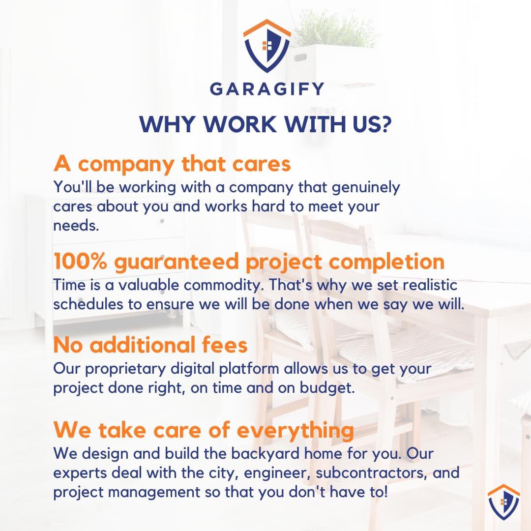 garagify's tweet image. Why work with Garagify? We care about you, 100% guaranteed complete project, no additional or hidden fees, and we take care of everything.

#aduconstruction #backhouse #ADUBuilder #designadu #adudesign #secondarydwelling #grannyunit #prefabhomes #garageconversion #homeaddition