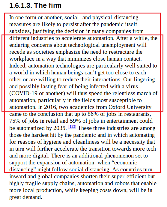 "automation technologies are particularly well suited to a world in which human beings can't get too close to each other or are willing to reduce their interactions. Our lingering & possibly lasting  #fear of being infected w/ a virus [] will thus speed the [] march of automation"