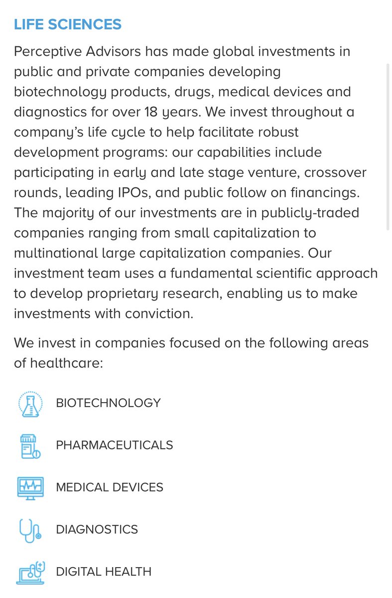  $BLSA 13G #1:10/28/2020Perceptive Advisors bought 1 mil shares (7.0%).They are another big life sciences investing firm.- over 18 years of investments- invest throughout a company’s lifecycle- focus on medical devices, diagnostics, digital health, biotech and pharmas.