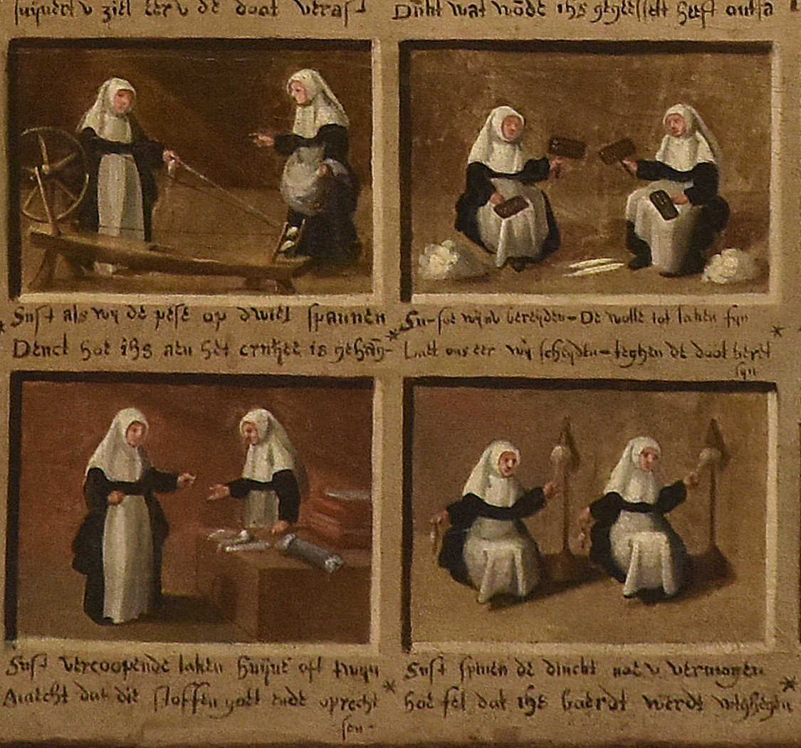 And neither is crafting. There's always more to yarn! "Sister, when we tie the drive band onto the wheel / think about how Jesus was hung on the cross." And: "Sister, like we prepare the wool for cloth / let us be prepared for death when we pass." 3/6