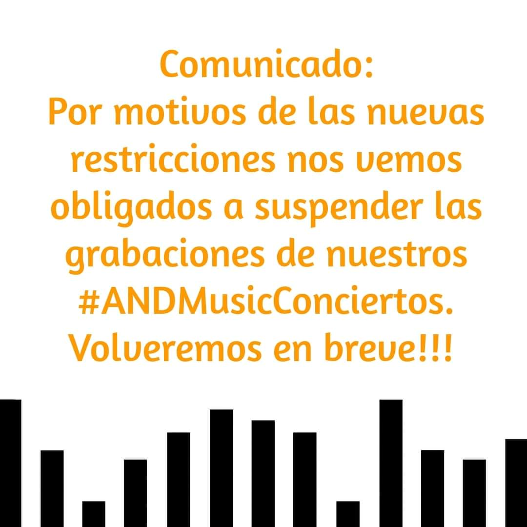 ANDMusicP's tweet photo. Debido a las nuevas restricciones y después de haber aplazado varias grabaciones no podemos anunciar hoy un nuevo #ANDMusicConcierto!!! 

Estamos tristes pero con muchas ganas, así que en breve retomaremos las grabaciones!!! 

Gracias por seguir nuestro lado!!! https://t.co/Mm9WDeVtdb