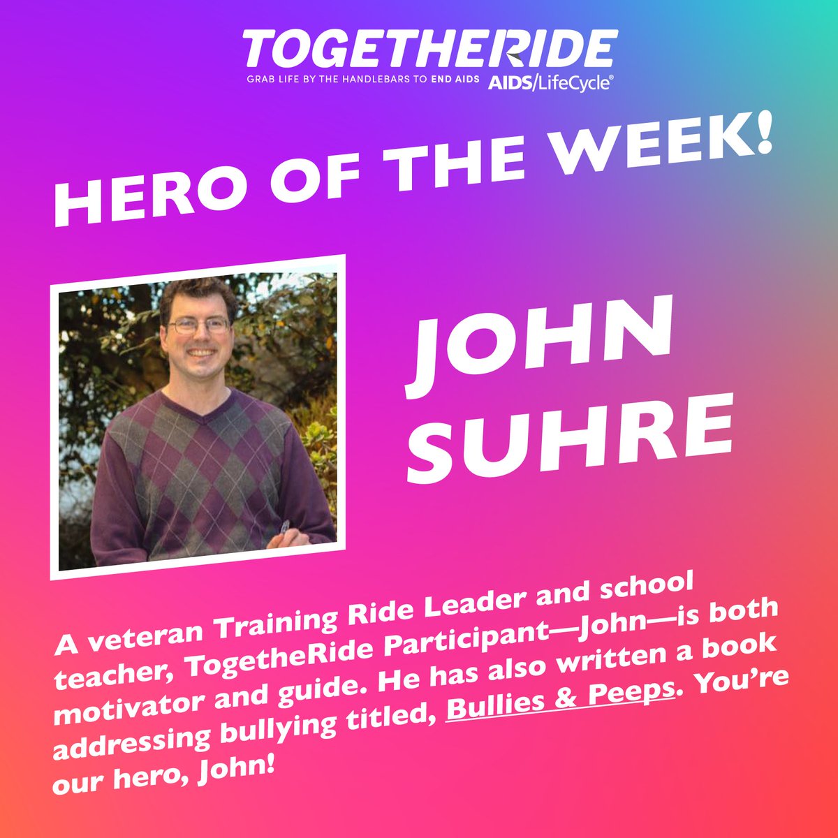 TogetheRide's tweet photo. Shout out to our TogetheRide Hero John! From AIDS/LifeCycle, to TogetheRide and beyond, John has made a huge positive impact on his community!

THANK YOU JOHN!

#fundraiser #community #hero https://t.co/eqnVN5sJYS