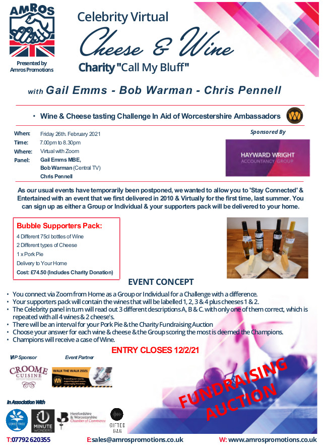 AmrosEvents's tweet image. Join us for an evening of entertainment by booking onto our #Celebrity #Virtual Cheese &amp;amp; Wine night. Taking place on Friday 26th Feb, this event is sponsored by @HaywardWright &amp;amp; has a great Celebrity line up including @gailemms @BobWarmanITV &amp;amp; @chris_pennell #WorcestershireHour