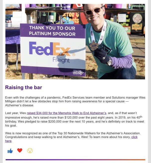 Thank you @FedEx for featuring my story and why I raise awareness and funds for the @alzassociation. I'm a #ProudVolunteer and a proud member of #TeamFedEx!

Read my story and help me raise $35,000 to #ENDALZ: act.alz.org/goto/WesMillig….

#FedExCares #FedExLocALZ #Walk2EndAlz