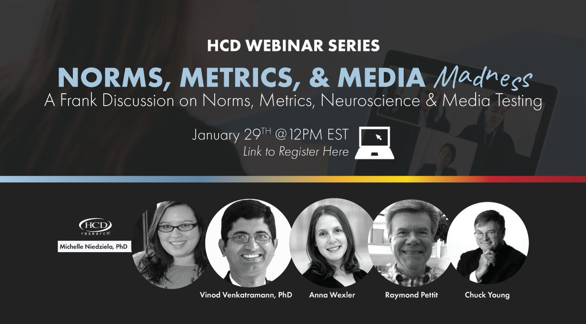 HCDResearchInc's tweet image. 💡Join us for an engaging dialogue between several industry professionals in our first episode of 2021 including Michelle Niedziela, PhD, Vinod Venkatraman, Anna Wexler, Raymond Pettit, &amp;amp; Chuck Young! #mrx #MediaTesting #Norms #Metrics #HCDWebinarSeries