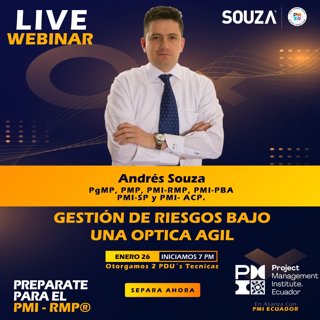 Martes 26 de enero 19h00.

Andres Souza desde Colombia estará compartiendo con nosotros una mirada a la gestión de riesgos bajo una óptica ágil, no puedes perdertelo!!!

Link de inscripcion: zoom.us/meeting/regist… 

#PMI #Riesgos #Ecuador #Gestion #PMP