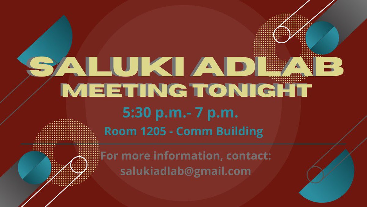 Join us tonight at 5:30pm for our first Saluki AdLab meeting of the semester! Come in person to Room 1205 in the Comm building or join us via Zoom: us04web.zoom.us/j/75782942071?…

For any questions or information, email salukiadlab@gmail.com