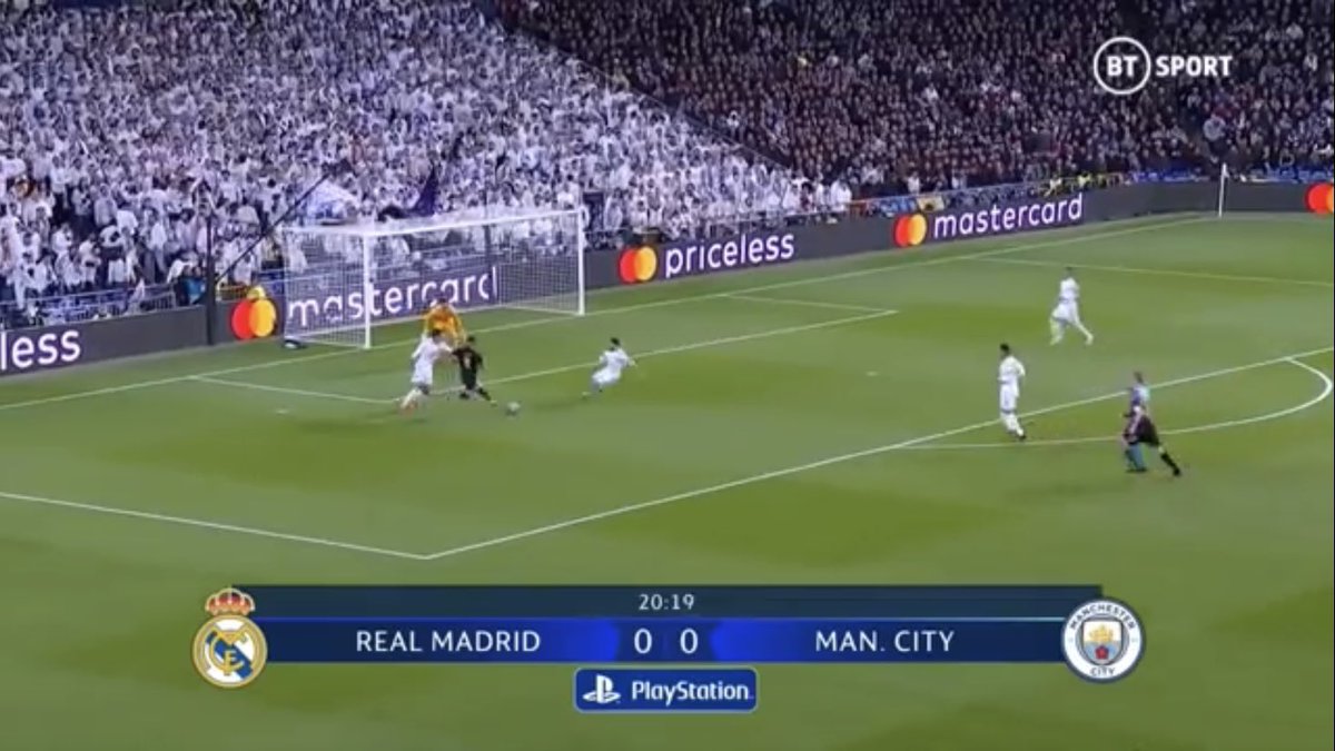 An early chance on the break at the Bernabeau showed how he can be effective from the wing. As City advance on Madrid, De Bruyne picks a pass in-between the full back and centre back. Jesus smartly cuts inside Carvajal and forces Courtois into a good save 7/