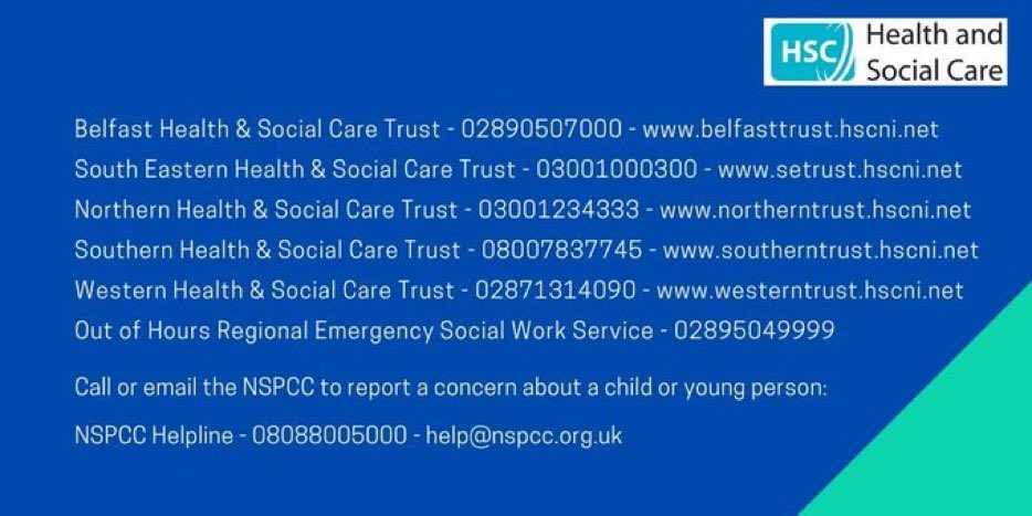If you have a concern about a child please do not hesitate to contact services - all our member agencies are working harder than ever to keep children safe <a href="/ChiefConPSNI/">Office of the Chief Constable</a> <a href="/NSPCCNI/">NSPCC NI</a> @HSCBoard <a href="/Ed_Authority/">Education Authority</a> <a href="/seanhollandOSS/">sean holland</a> <a href="/eamroulston/">Marie Roulston</a>