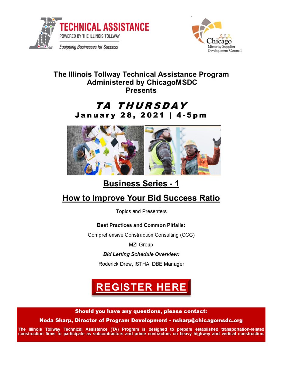 ChicagoMSDC's tweet photo. Join us for Technical Assistance Thursday and learn about how to improve your bid success ratio. In an hour, you'll get a Bid Letting Overview, and also hear from our guests about best practices and common pitfalls.
Register here: https://t.co/AyoTY6aK9T
#cmsdc #buydiverse https://t.co/LdKty5NbOw