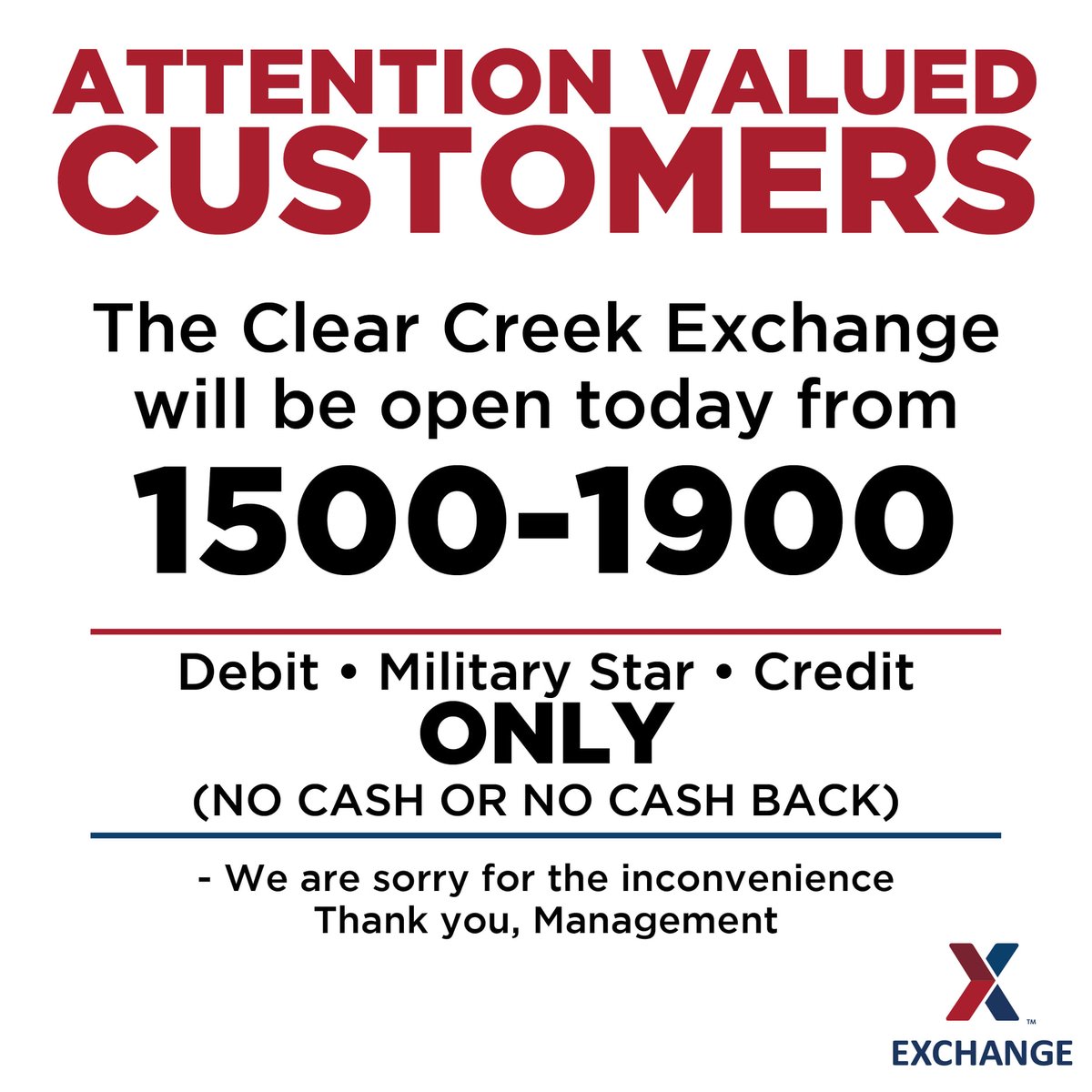 iiiarmoredcorps's tweet photo. CLEAR CREEK EXCHANGE OPENING TODAY
With annual inventory complete, the main Exchange will open today, 3-7 pm. https://t.co/WvzitLYmqx