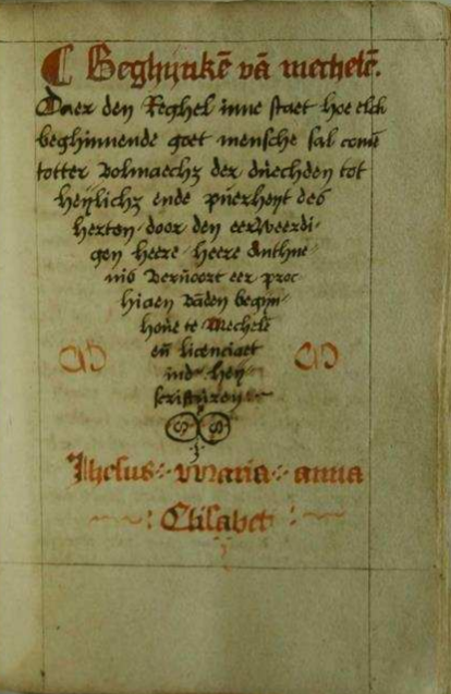 And in order for me to like this painting even more, there are also books: "Sister, let us write and read / so it may benefit our soul". This 16th-century manuscript ( @UniLeiden, BPL48E) originates in the Mechelen Beguinage and describes how a beguine should spiritually grow. 4/6