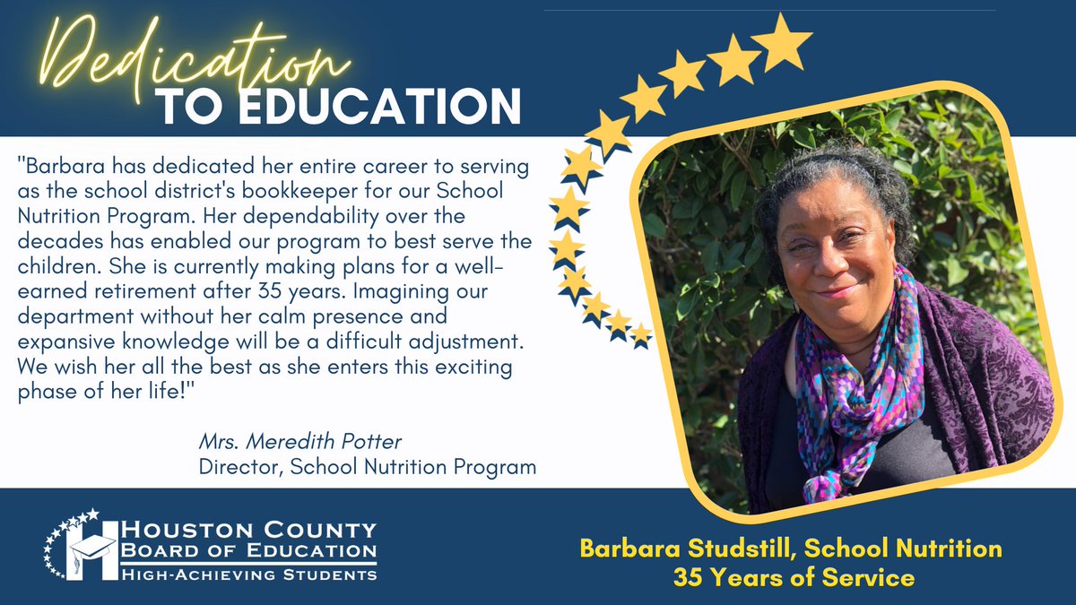 HoustonCountySD's tweet photo. We're pleased to recognize employees who've dedicated their careers to HCSD children, with special recognition to those who've served 30+ years. 
Barbara Studstill, congrats on your distinguished career! Thank you for your service &amp; dedication to HCSD! 
@HoustonSNP  #ALLinHCSS https://t.co/k0E3fiwhe7