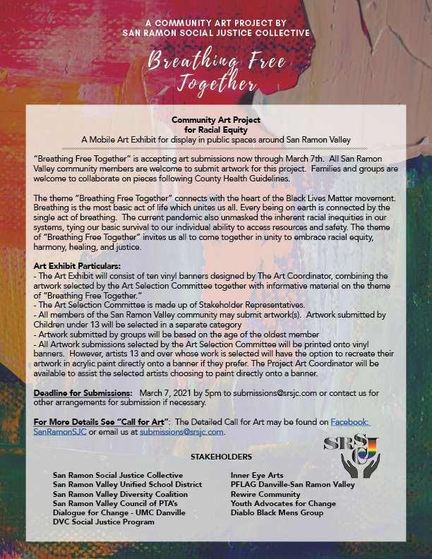 "Breathing Free Together" seeks art submissions for an exciting community project. The theme invites us to unite in embracing racial equity and social justice. This is a joint effort by many orgs including <a href="/SRVUSD1/">SRVUSD</a> <a href="/SRVCPTA/">SRV Council of PTAs</a>  #PFLAGDanvileSanRamon VISIT: facebook.com/SanRamonSJC