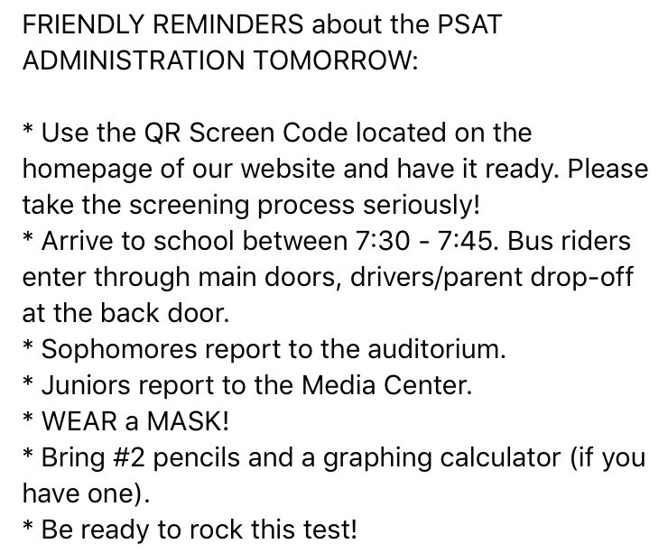 SDHSSeahawks's tweet photo. FRIENDLY REMINDERS about the PSAT tomorrow: https://t.co/OSyzMnHMWt