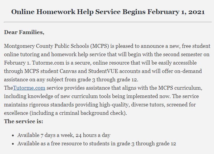 MCPS is pleased to announce a new, free student online tutoring and homework help service that will begin Feb. 1. Information: bit.ly/3pm18hV