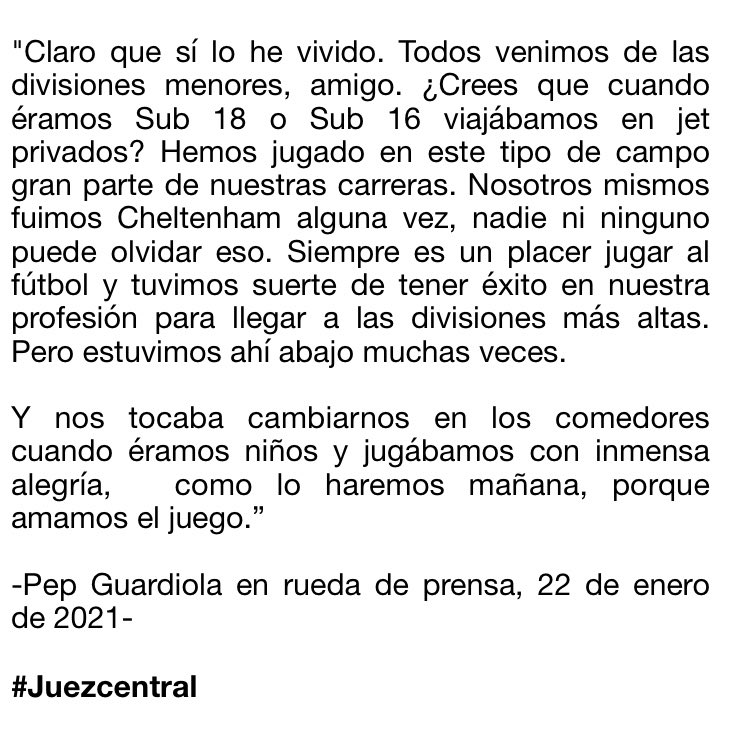 Juezcentral's tweet photo. El fin de semana, Man City se enfrentó al Cheltenham de 4ta división por la FA Cup en el estadio del rival que no contaba con camerino, por lo que los jugadores debían cambiarse en el bar. 
A Pep le preguntaron si había vivido una situación similar y dejó una linda reflexión: https://t.co/7JZDr8ma7N