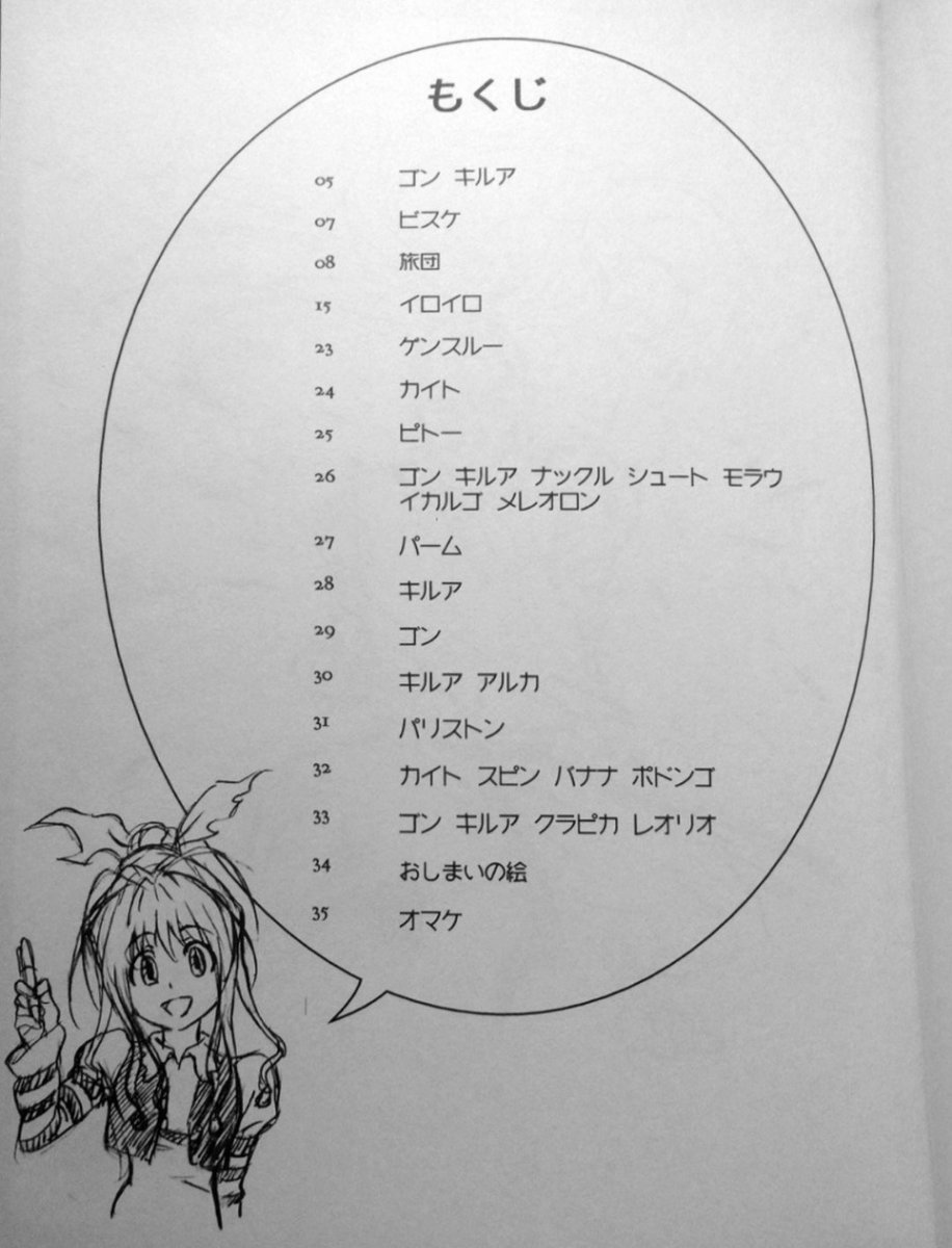 On peut retrouver ses propres travaux sur l'œuvre dans le « Hunter x Hunter Rakugaki Bon », un artbook d'une quarantaine de pages contenant plusieurs de ses illustrations que j'vais présenter en dessous :