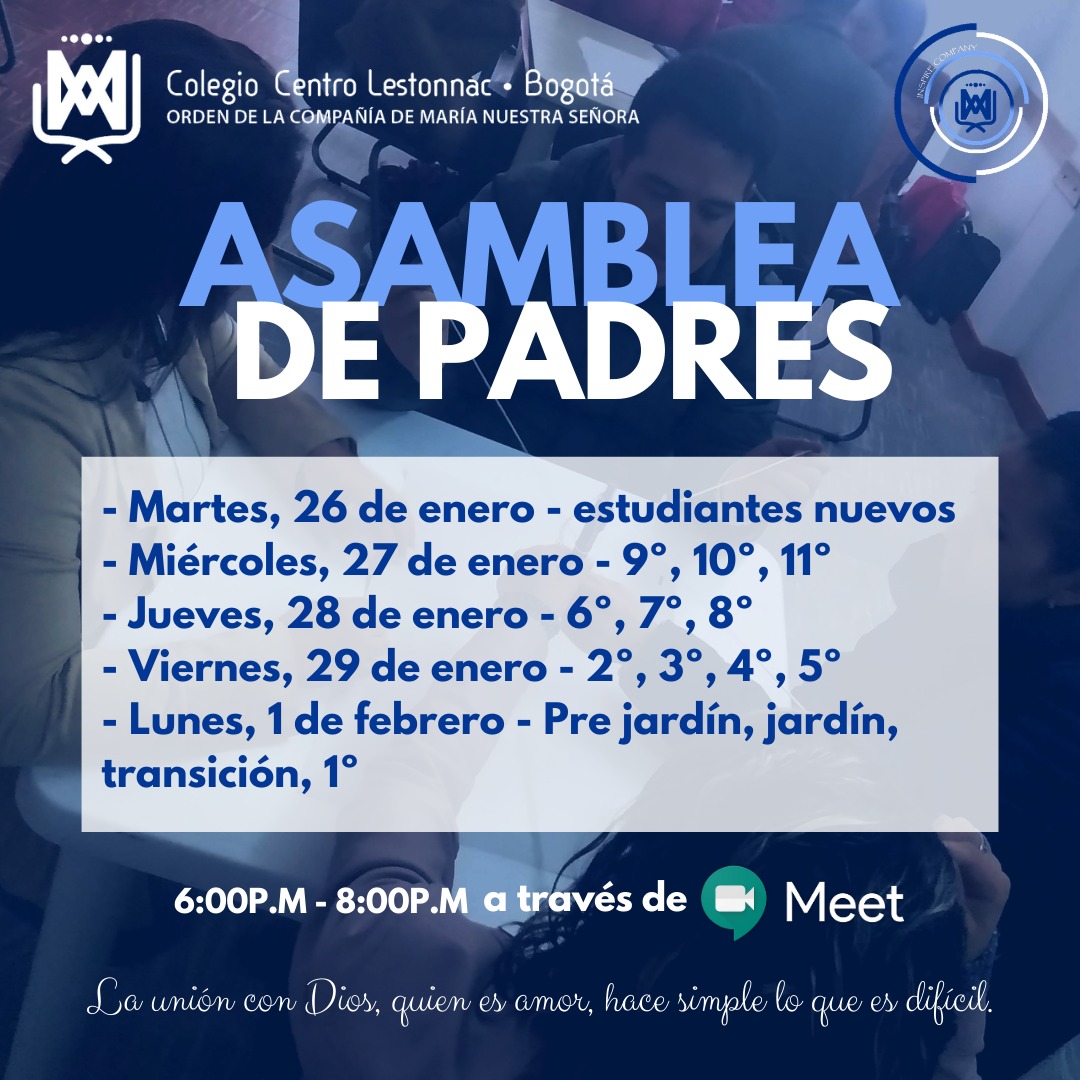 Teniendo en cuenta el cronograma de inicio de año escolar, los invitamos a la primera Asamblea de Padres del año 2021, las cuales se realizarán de manera virtual en las fechas mencionadas en la imagen👇🏼
Para más información ingresa a nuestra página web lestonnacbog.cdm.edu.co