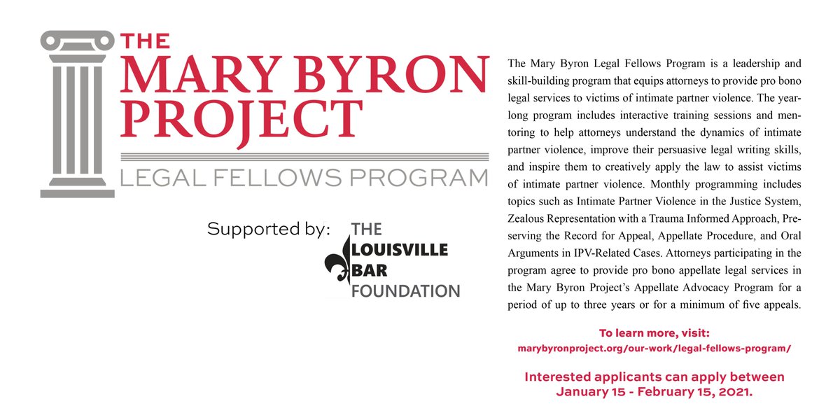 We're excited to announce the launch of our Legal Fellows Program, a leadership and skill-building program that equips attorneys to provide pro bono legal services to victims of intimate partner violence.  Learn more and apply at: marybyronproject.org/.../legal-fell…