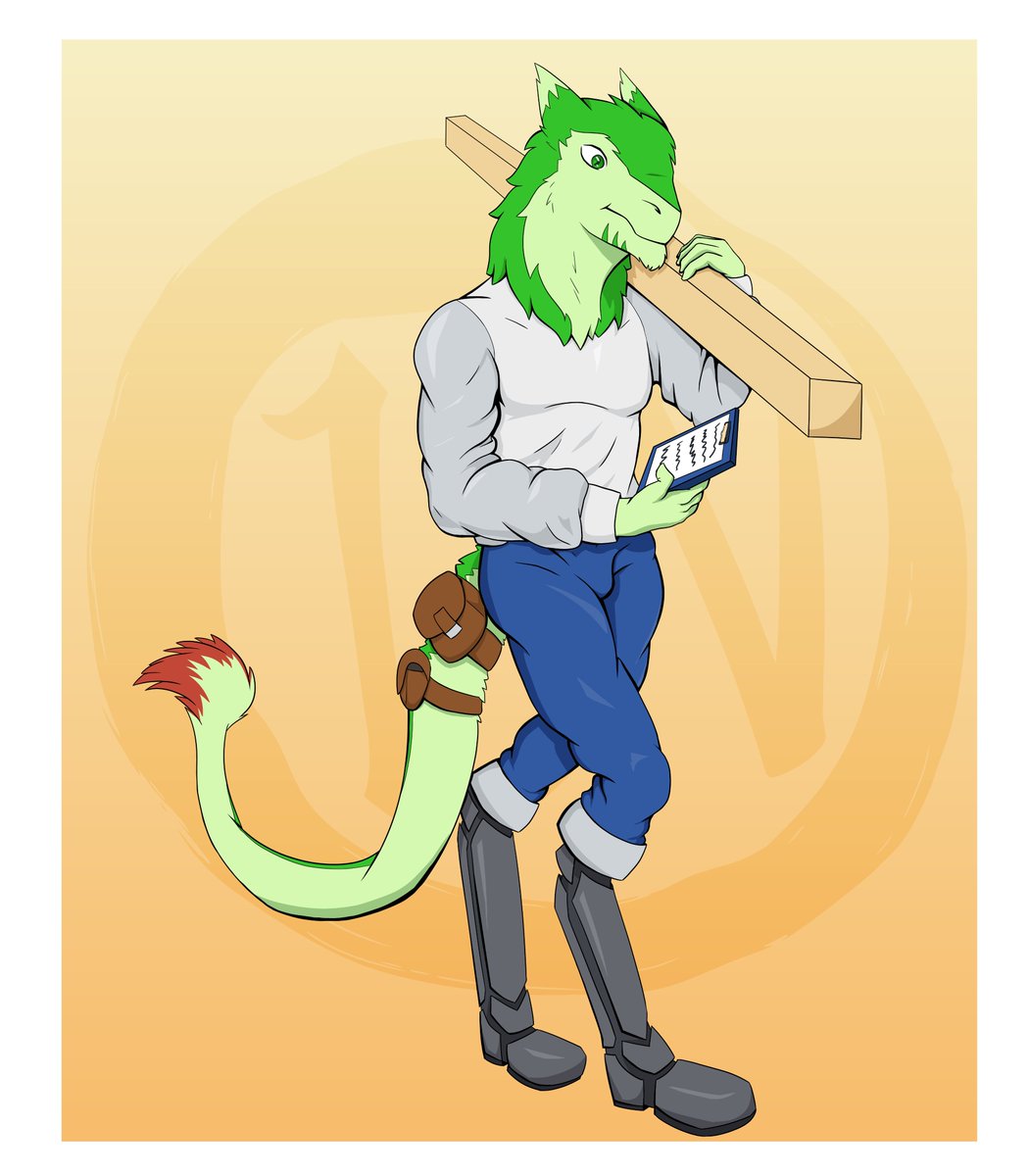 Personal piece finished! Midori works as a construction worker making tha money and those gains. gotta love his tail pouch UwU

#furry #Furryartist #furryartwork #furryoc #sergal